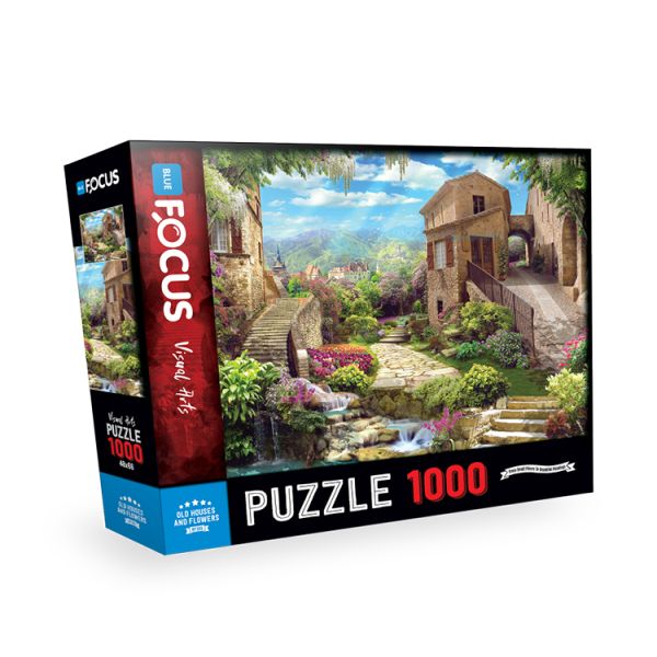 Blue Focus Old Houses And Flowers Puzzle 1000 Parça