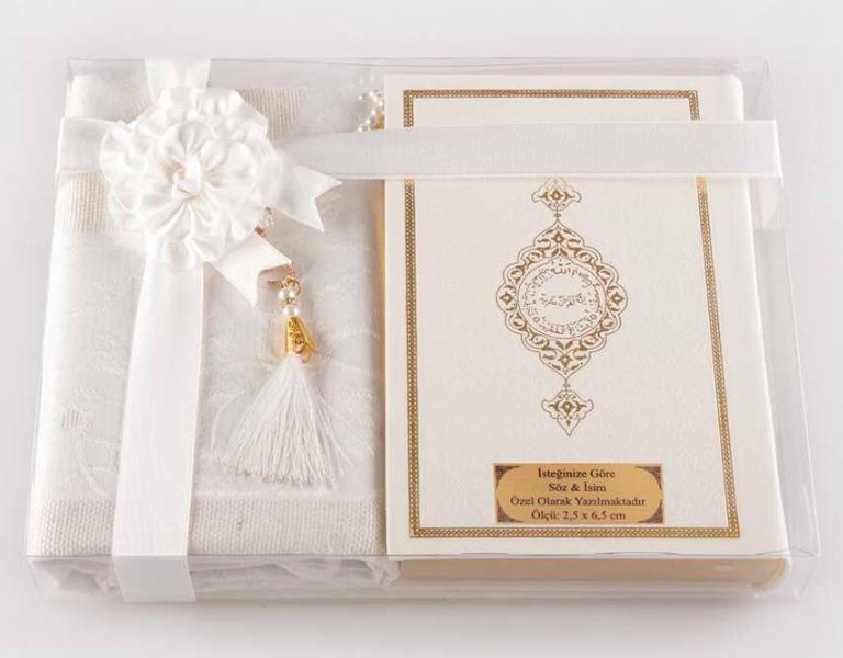 Seccade Tesbih Kuran Hediye Seti Hafız Boy, Beyaz